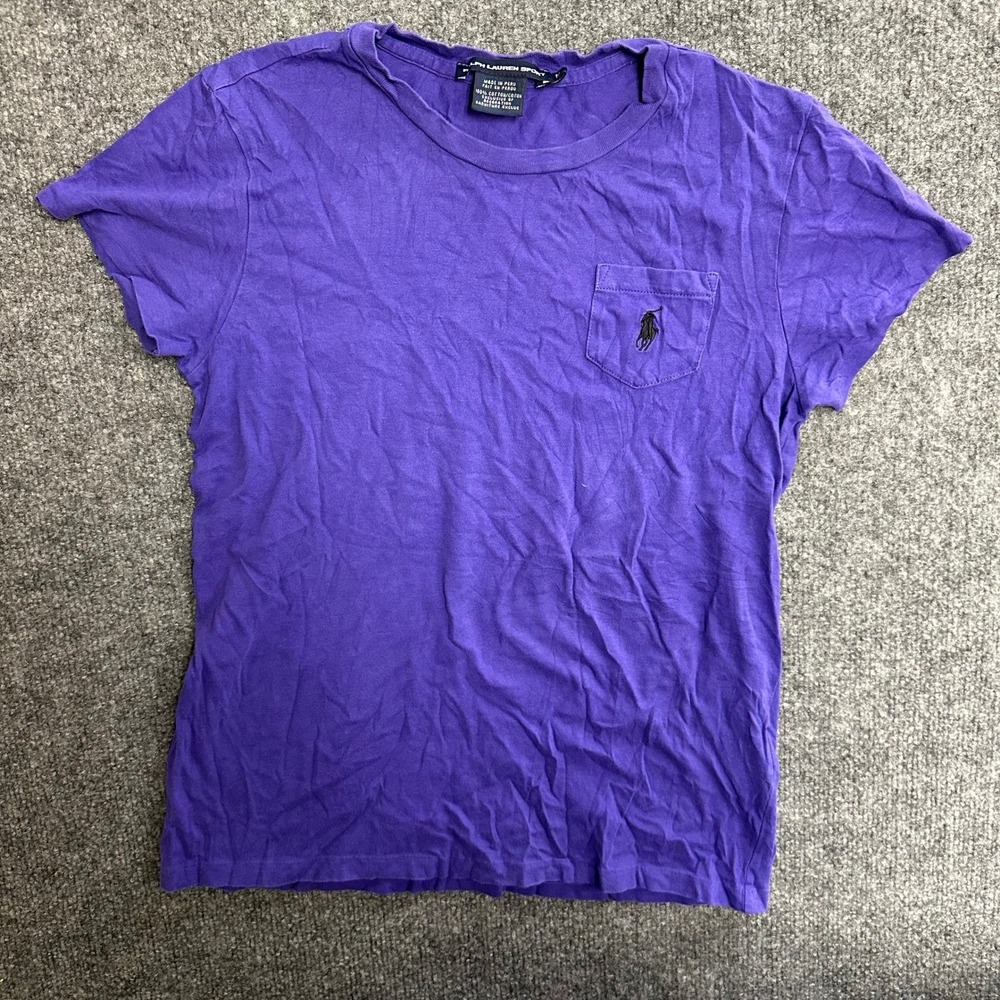 Ralph Lauren Sport T-Shirt Womens Size M Purple Pocket Crewneck Cotton Casual